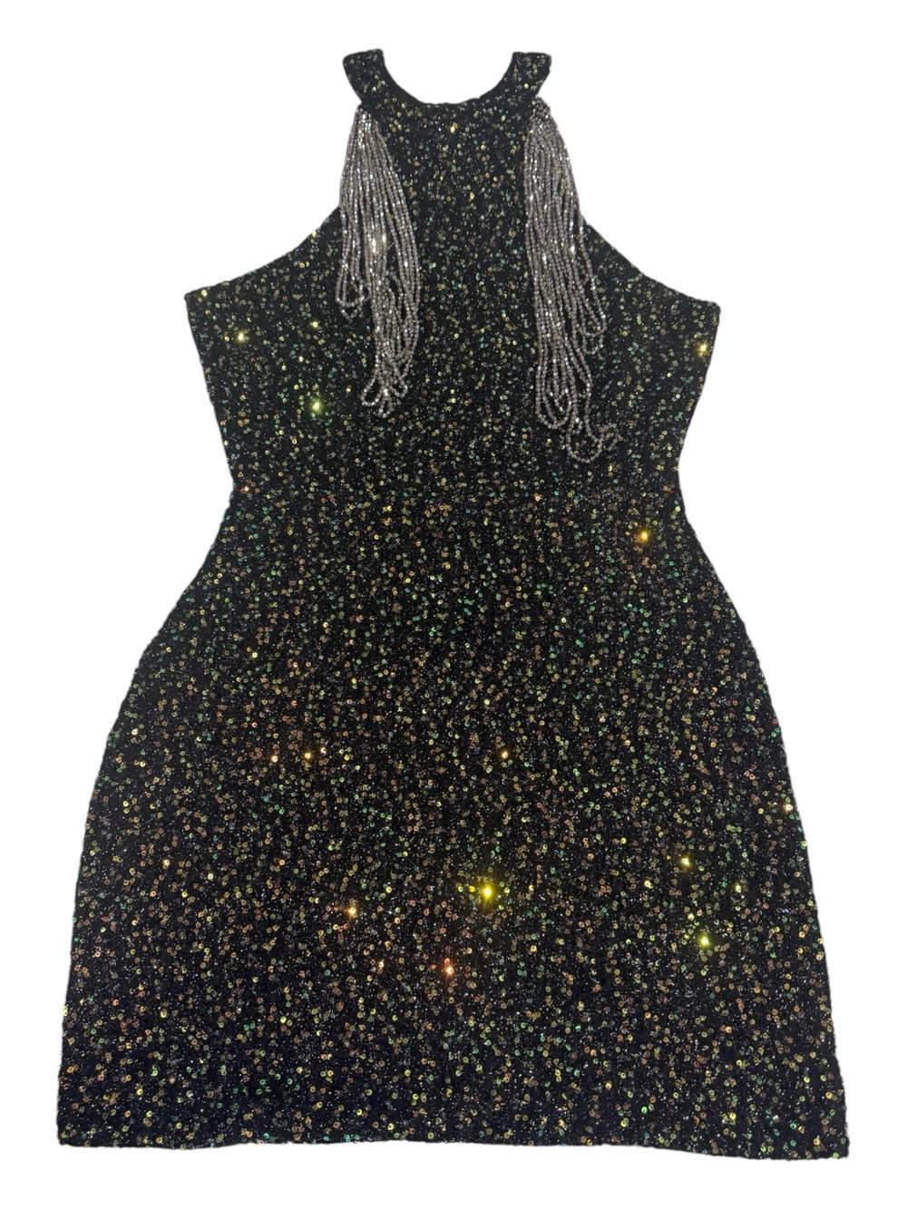Girls Black Glitter Party Dress with Silver Fringe